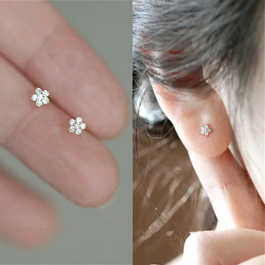 Round Cut Diamond Small Flower Stud Earrings for Women Daily Causal Accessories Girls Birthday Gifts Jewelry