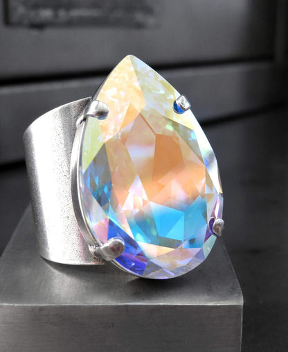 Large Shimmering Teardrop AB Crystal Cocktail Ring, Adjustable Band