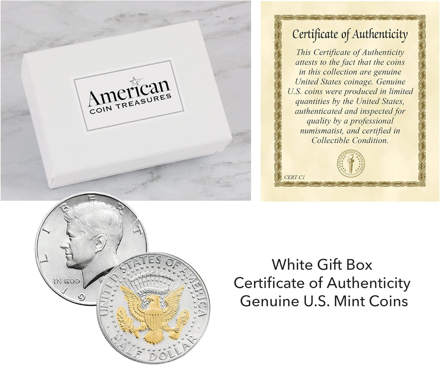 Coin Money Clip - Presidential Seal JFK Half Dollar Selectively Layered in Pure 24K Gold, Brass Moneyclip, Holds Currency, Credit Cards, Cash, U.S. Coin