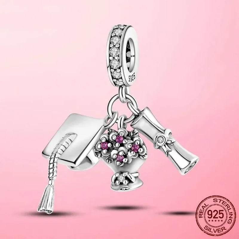 Graduation Flower Diploma Charm 925 Silver Pendant Beads Fit Bracelet Necklace Original DIY Women Jewelry Gift