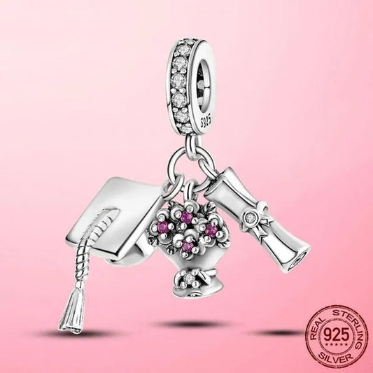 Graduation Flower Diploma Charm 925 Silver Pendant Beads Fit Bracelet Necklace Original DIY Women Jewelry Gift
