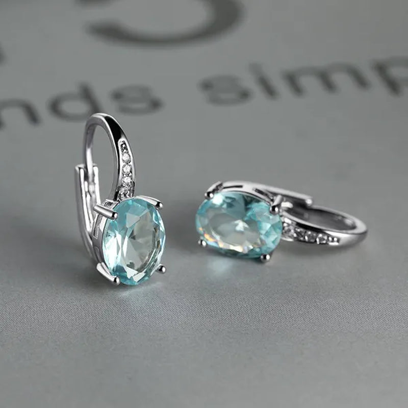 1Pair 925 Sterling Silver 14K White Gold Hoop Earrings New Fashion Oval Cut Aquamarine Amethyst Topaz Sapphire Diamond Earrings Drop Dangle Earrings Gift