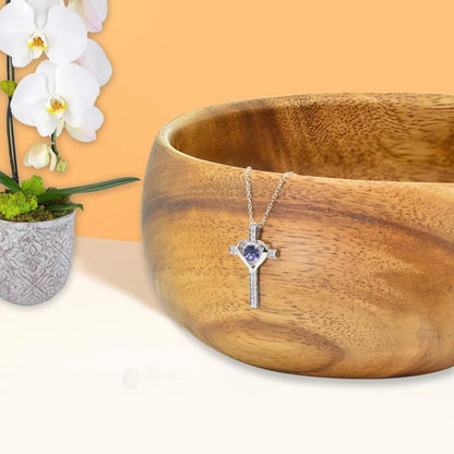 Sterling Silver Tanzanite and White Topaz Heart Cross Birthstone Pendant Necklace