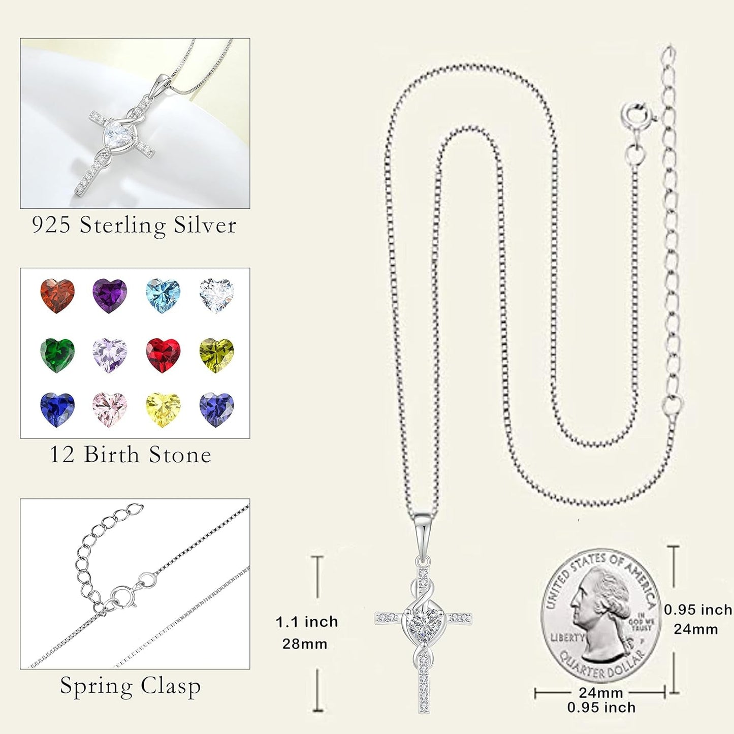 Cross Infinity Necklace 925 Sterling Silver Heart Birthstone Pendant Jewelry Christian Gift for Women Her