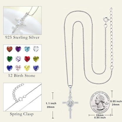 Cross Infinity Necklace 925 Sterling Silver Heart Birthstone Pendant Jewelry Christian Gift for Women Her
