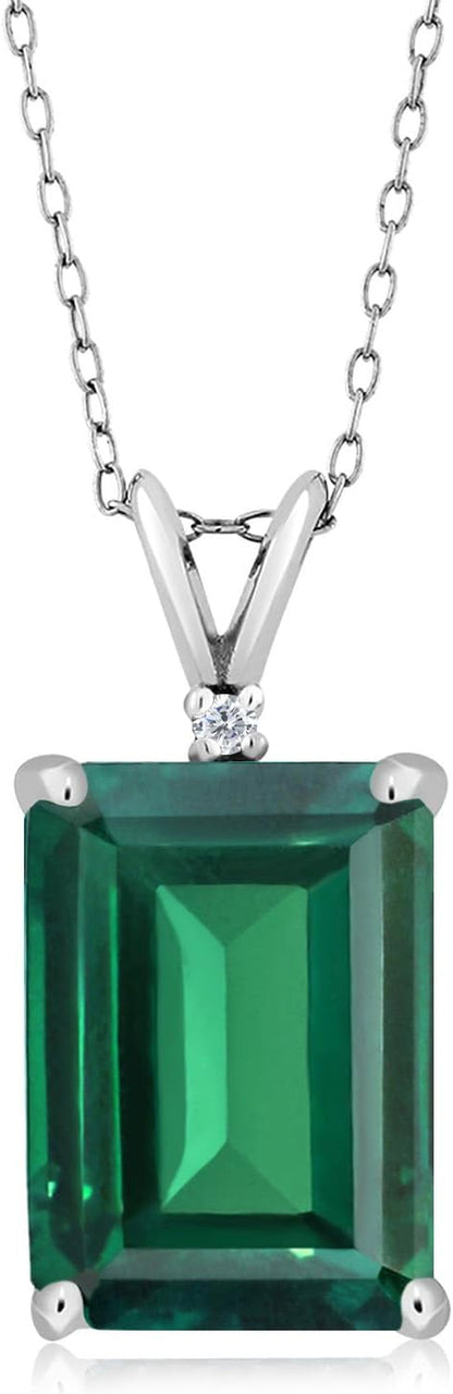 925 Sterling Silver Gemstone Birthstone and White Diamond Necklace | Emerald Cut 14X10MM Pendant Necklace for Women | with 18 Inch Silver Chain