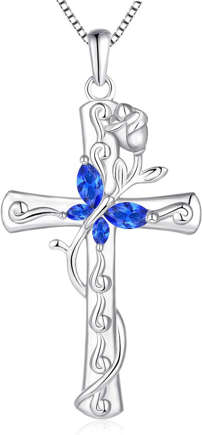 Butterfly Cross Necklace Sterling Silver Cubic Zirconia Rose Pendant Birthstones Crucifix Jewelry for Women