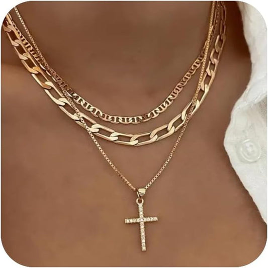Cross Necklace for Women,Stackable Stacked Stacking Layering Layered Necklaces Dainty Gold Necklace Paperclip Box Flat Mariner Chain Necklace Cross Pendant CZ Diamond Simple Jewelry Gift