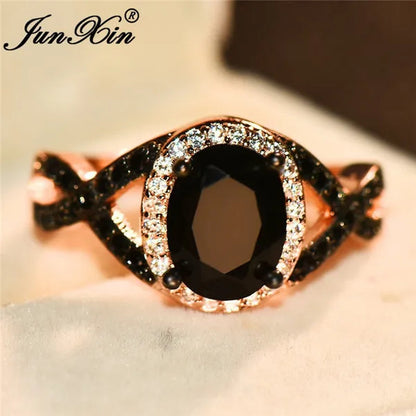 Exquisite Rose Gold Plated Large Oval Stone X Ring Women Filled Black Zircon Crystal Zircon Ring Female Wedding Ring Mother New Year Gift Princess Bride Engagement Wedding Ring Jewelry Size 4 5 6 7 8 9 10 11
