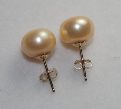 Quality Golden Champagne Pearl Semi round Dome Button 10 MM Stud Earrings 14K Gold Filled