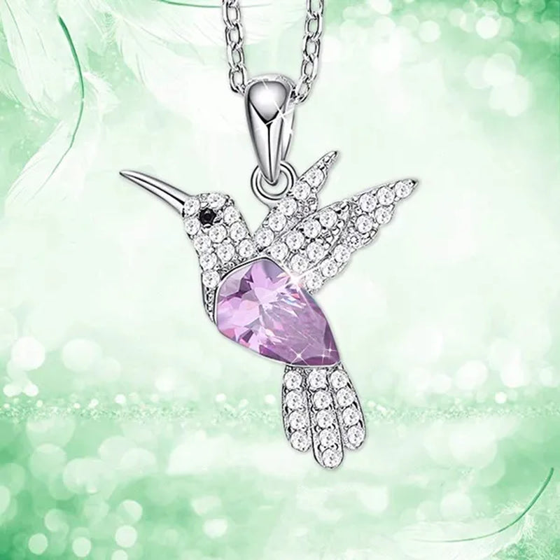 Hummingbird Silver Jewelry Set Women Pendant Necklace and Stud Earring Set Crystalsfine Animal Jewelry, Gift for Mothers Day