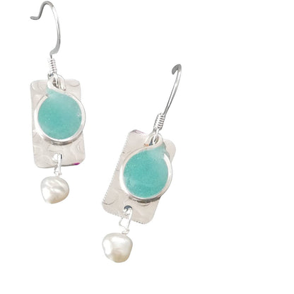 Handmade Lightweight Sapphire Blue and White Pearl Rectangle Drop Womens Earrings