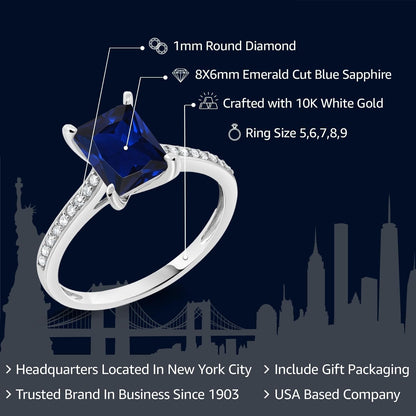 10K White Gold Emerald Cut 8X6MM Gemstone Birthstone and White Diamond Engagement Ring | Wedding Anniversary Promise Gold Ring for Women | Available in Size 5-9