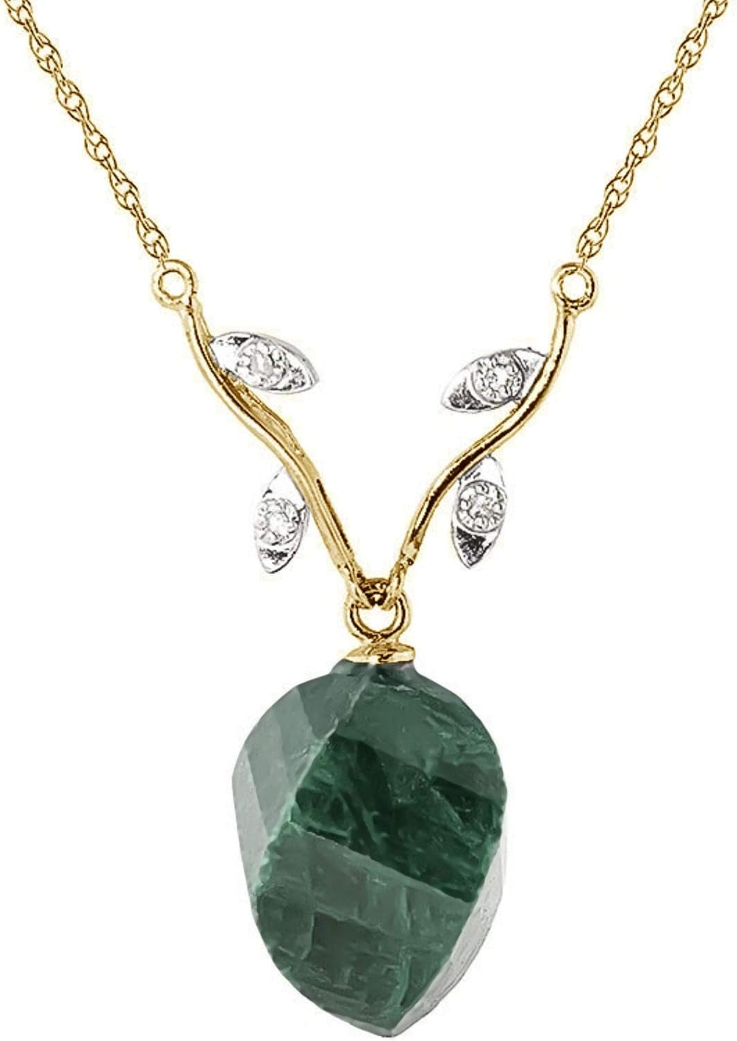 14K Solid Gold Necklace with Natural Diamonds and Twisted Briolette Emerald