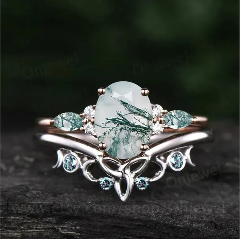 Exquisite Women's Fashion Two Tone Silver & Rose Gold Oval Cut Green Moss Agate & Blue Sapphire Ring Set Anniversary Gift Engagement Wedding Rings Jewelry Size 5-10