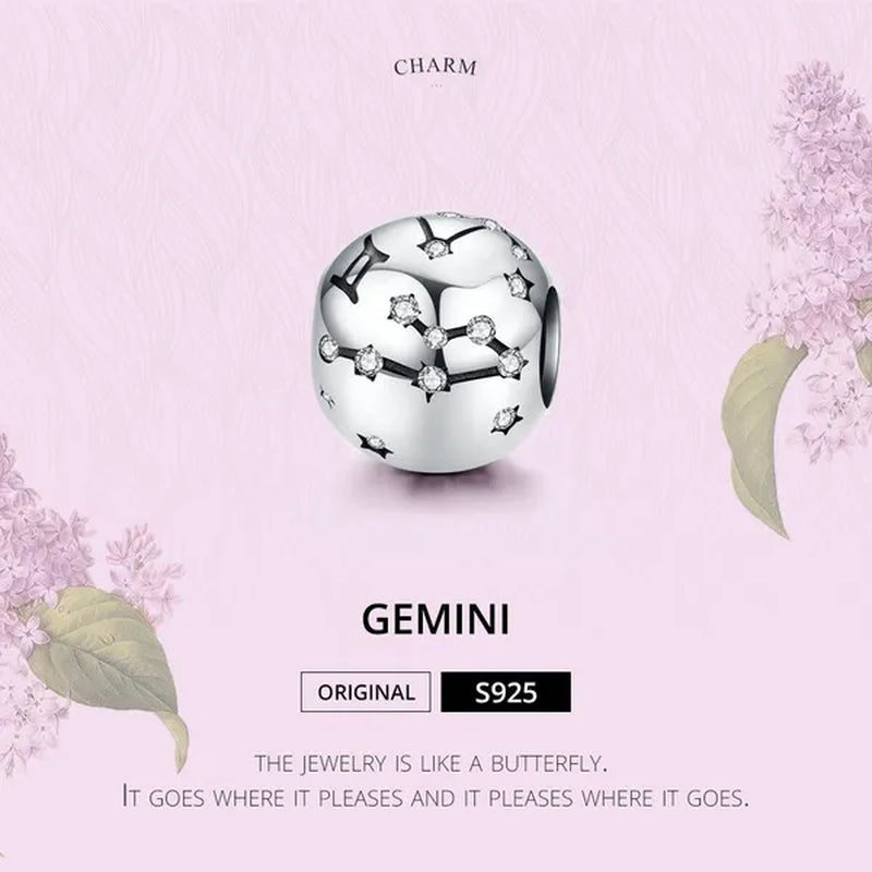 European Hot 12 Constellation Zodiac Round 925 Sterling Silver Beads Charm for Women Bracelet  Shining CZ Charm Fit Original Bangle Necklace DIY Jewelry Making