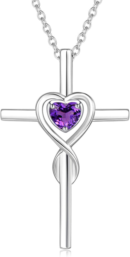 Birthstone Cross Necklace for Women Birthstone Necklace Heart Infinity Cross Pendant Necklace Fine Jewelry Christmas Birthday Holiday Gifts for Her, 16"+2" Inches