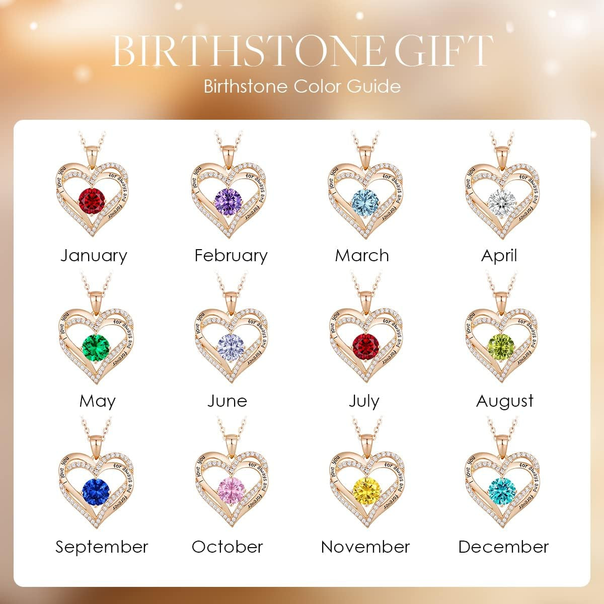 Forever Love Heart Women Necklace 925 Sterling Silver Rose Gold Plated Birthstone Pendant Necklaces for Women with Cubic Jewelry Gifts Birthday Gift for Mom Women Wife Girls Graduation Gifts for Her