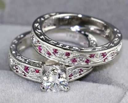Heart 1Ct CZ Ruby 10KT White Gold Filled Claddagh Ring Sets Women'S Wedding Ring Sz6-9