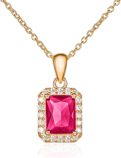 925 Sterling Silver Necklace for Women with a Clear, Blue, Red or Green Emerald-Cut CZ Stone, Emerald Cut Silver or Gold Necklaces for Women, Rectangle Pendant Necklace for Women