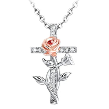 Elegant Fashion Creative Cross Rose Necklace Natural Crystal Cross Diamond Necklace Religious Cross Flower Pendant Women'S Necklace Wedding Pendant Birthday Party Anniversary Gift