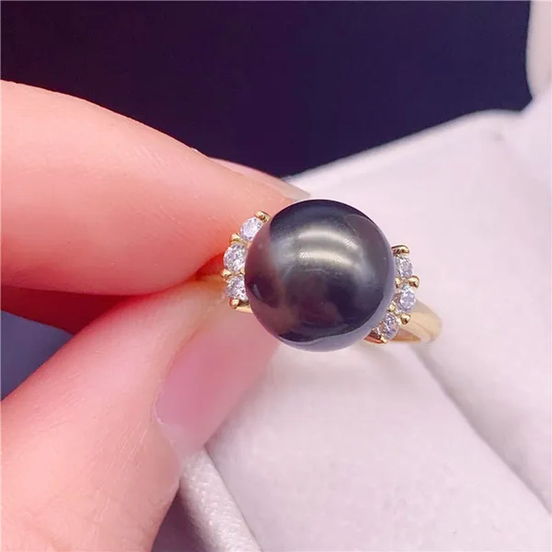 South Sea Gold Mother-of-Pearl Pearl Ring Bracelet Seawater Pearl Round 925 Sterling Silver Diamond Open Ring Female