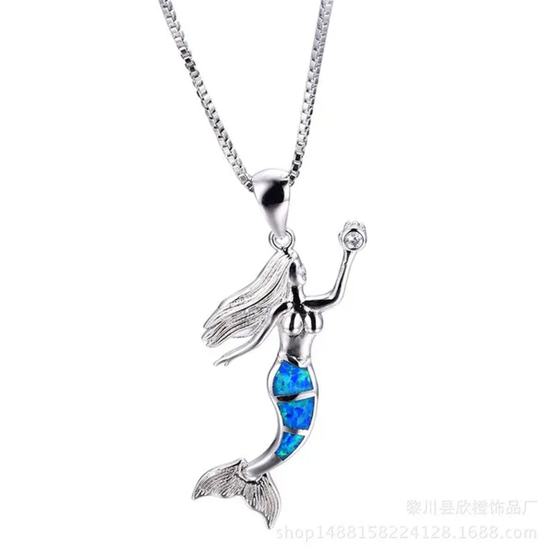 Heat! New Fashion Mermaid Fire Opal 925 Silver Pendant Necklace Bridal Personality Glamour Wedding Jewelry  5 colors