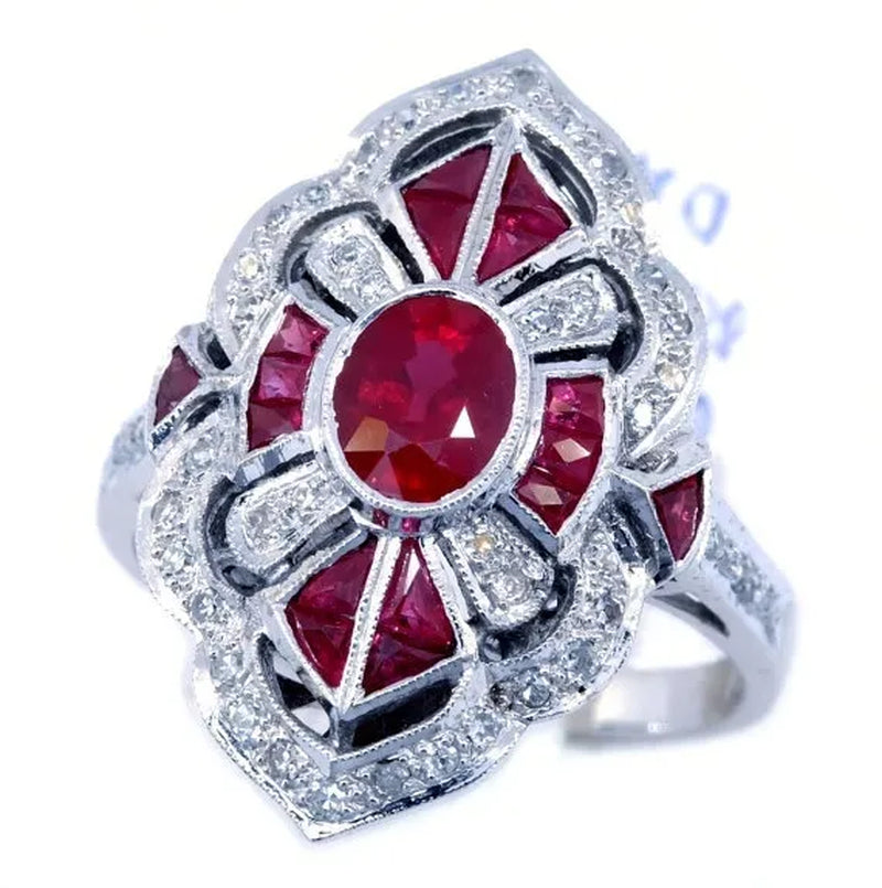 Large 925 Sterling Silver Natural Gemstone Ruby & White Sapphire Diamond Ring Wedding Anniversary Brand Women Jewelry