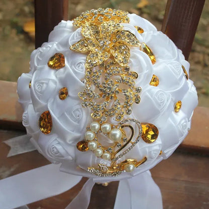 Private Custom 18CM Wedding Bouquet Luxury Gold Crystal Brooch Bride Bouquet Pure Handmade Silk Rose Ribbon Wedding Bride Holding Flowers Multi-Color Optional