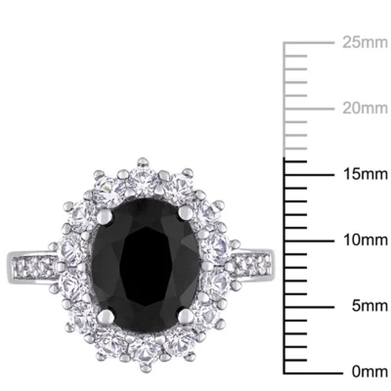 Oval Cut Black Sapphire and Created White Sapphire Halo Ring in Sterling Silver