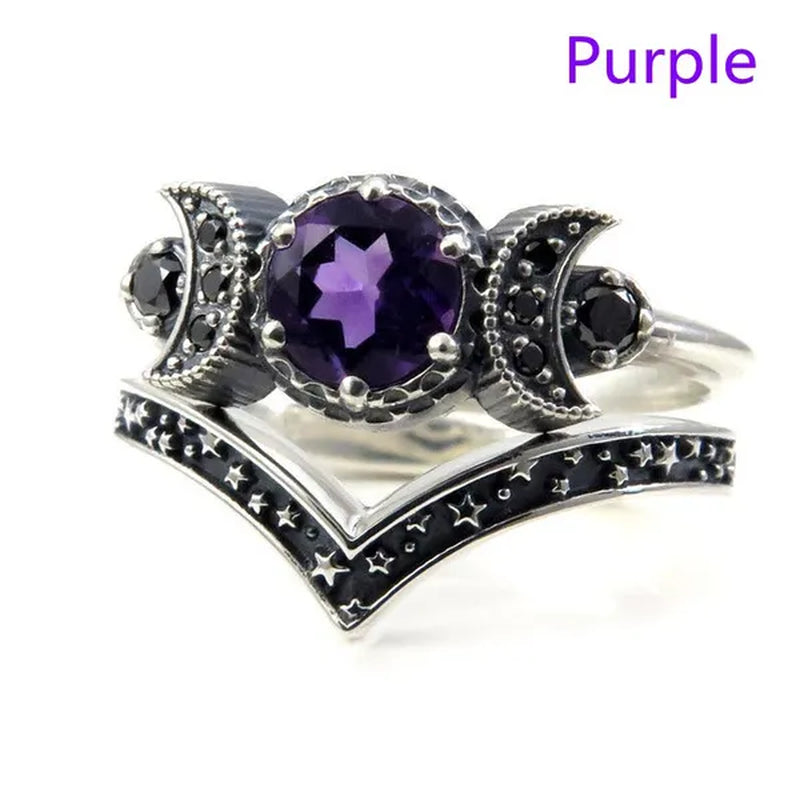 Hecate Triple Moon Ring Set Silver and Black Diamond Engagement Rings  Amethyst or Red Crystal Wedding Ring Unique Moon Goddess Rings for Women Fashion Jewelry Boho & Hippie & Gothic Anniversary Gift