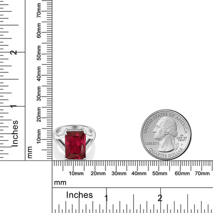 925 Sterling Silver Created Ruby Solitaire Ring for Women (8.00 Cttw, Emerald Cut 14X10MM, Available in Size 5, 6, 7, 8, 9)