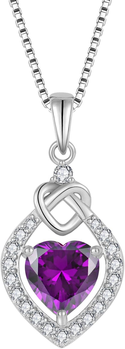 Love Knot Necklace 925 Sterling Silver Heart Birthstone Jewelry for Women