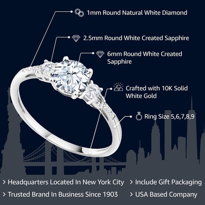 10K White Gold White Created Sapphire and White Diamond Accent 3-Stone Engagement Ring for Women (1.35 Cttw, round 6MM, Gemstone September Birthstone)