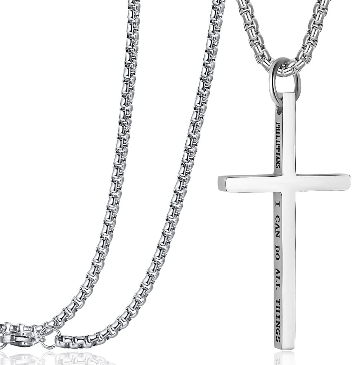 Cross Pendant Necklaces for Men Women Philippians 4:13 Bible Verse I Can Do All Things Stainless Steel Chain 16/20/24/28 Inchs Black Silver Gold