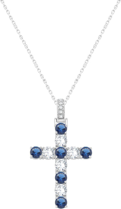 3.20MM round Cut Simulated Multicolor Gemstone & 0.70 Cttw Natural Diamond Cross Pendant Necklace along with 18" Chain in 14K Gold Plated 925 Sterling Silver