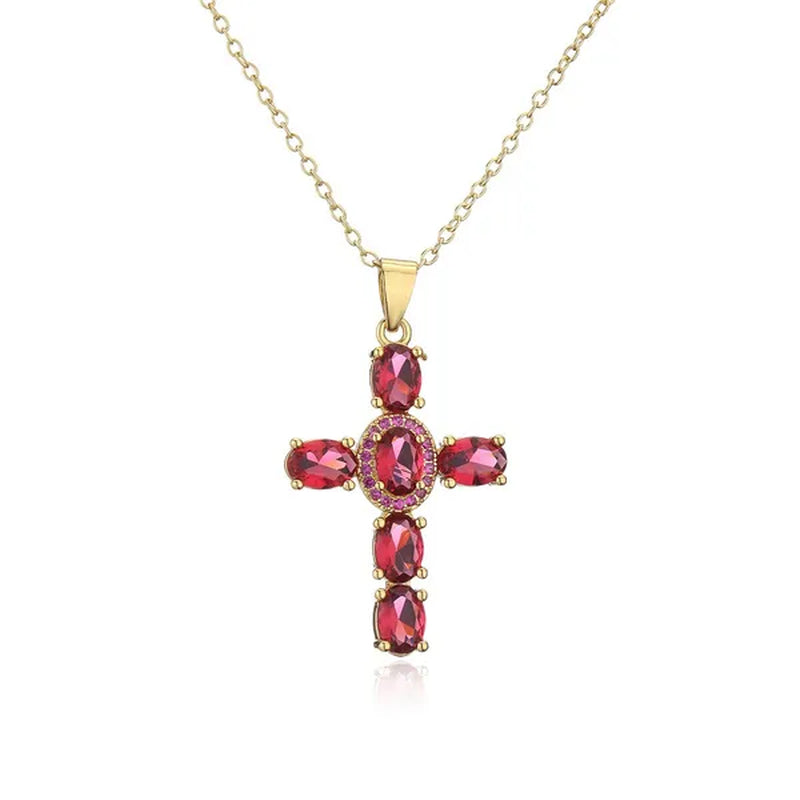 Fashion Jewelry Luxurious Temperament Gold-Plated Sapphire Emerald Ruby Topaz Amethyst Cross Pendant Necklace
