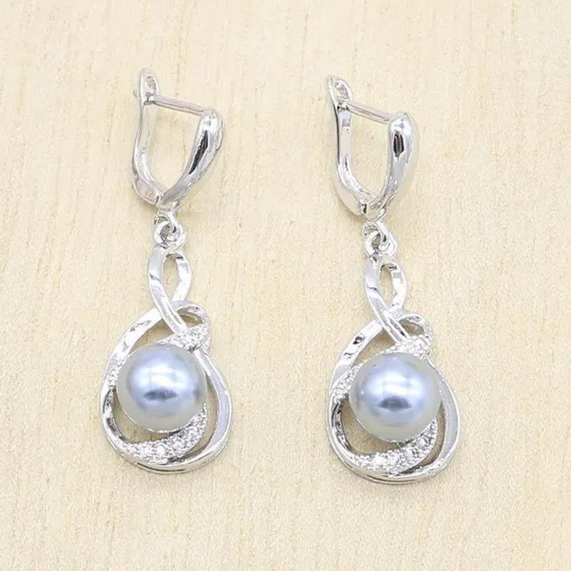 1/4Pcs Women Wedding Jewelry Set Gray Pearl Silver Color Bracelet Earring Necklace Pendant Ring Birthday Gift