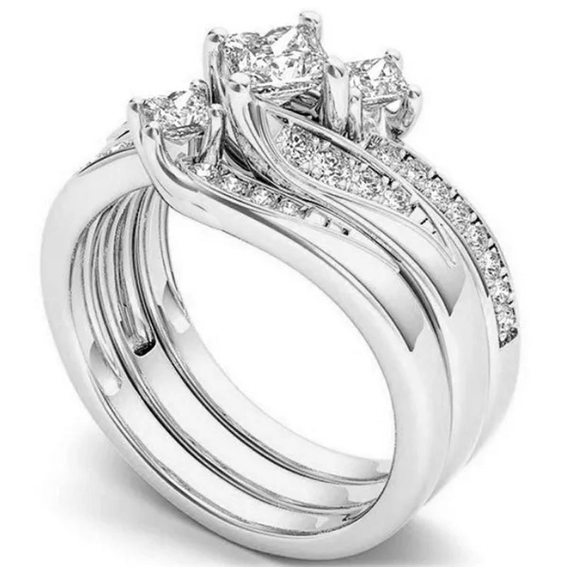 3 Pcs/Set Exquisite Fashion 925 Sterling Silver Natural White Sapphire and Diamond Ring Set Anniversary Gift Bridal Engagement Wedding Jewelry Set Ring Size 5-11 (3 Style Silver, Gold, Rose Gold)