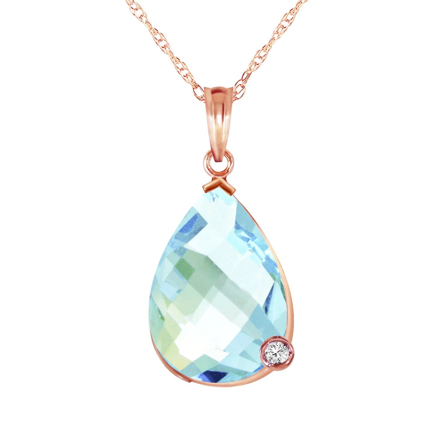 6.54 Carat 14K 24" Solid Rose Gold Necklace with Natural Briolette Checkerboard Cut Blue Topaz and Diamond Pendant