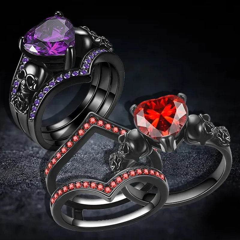 Gothic Black Rose Flower Skull Engagement Rings Set Red Purple Heart-shaped Zircon Crystal Wedding Anniversary Holiday Gift Jewelry