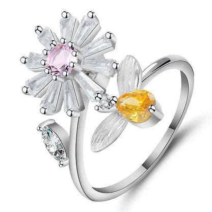 Flower Bees Silver Multicolor Creative Sweet Cute Princess Rings Daisy Opening Ring Adjustable Ring Anniversary Statement Natural Gemstones Pink Sapphire White Sapphire Ring