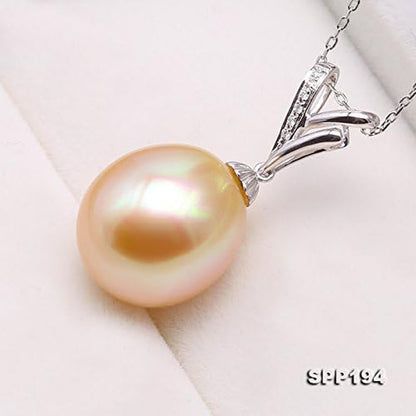 18K Gold Pendant 13X14Mm Oval Golden South Sea Cultured Pearl Pendant Necklace Dotted with Diamonds for Women
