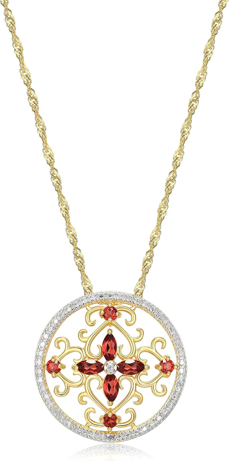18K Yellow Gold-Plated .925 Sterling Silver Diamond-Accented Gemstone Floral Filigree Cross round 1" Pendant Necklace on 18" Chain - Choice of Birthstones