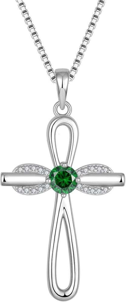 Infinity Cross Necklace 925 Sterling Silver Religious Pendant Birthstone Jewelry Gifts for Women