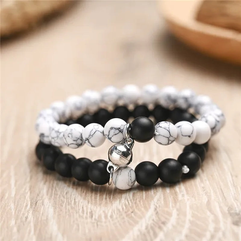 Black Frosted White Turquoise Couple Bracelet Magnet Attraction Beaded Bracelet Set A Pair of Bracelets Fashion Beaded Men's and Women's Bracelets