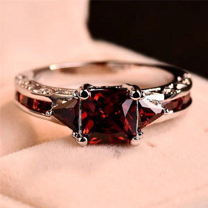 Women silver plated  Princess Cut Garnet Red Ruby Wedding Ring Party Jewelry Gifts Size 4 5 6 7 8 9 10 11