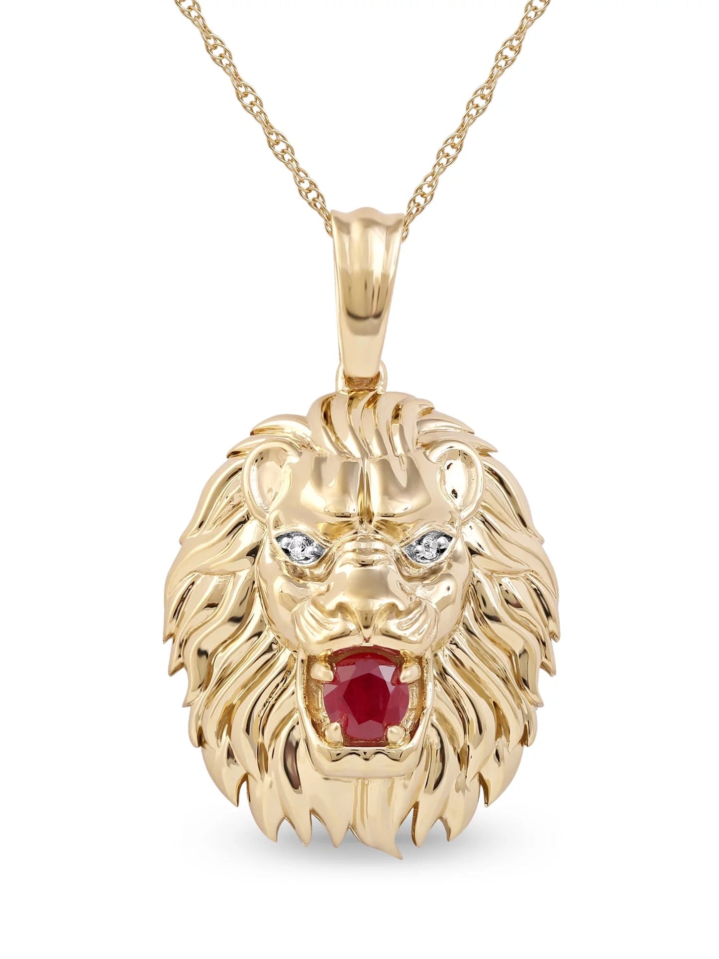 Gemstone 10K Yellow Gold round Cut Ruby Lion Head Men'S Fashion Necklace