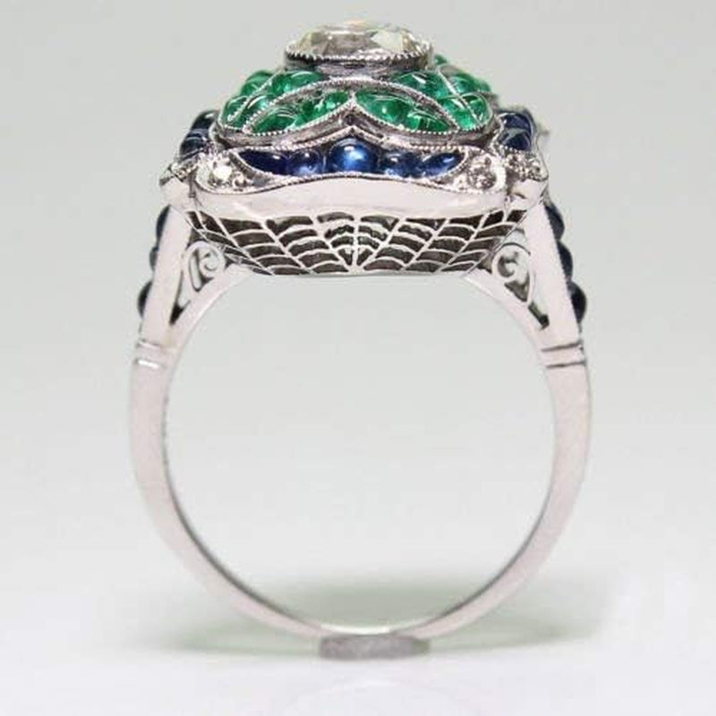 925 Sterling Silver Vintage Emerald Ring Blue Sapphire White Topaz Ring Women Wedding Fashion Jewelry Size 6-10