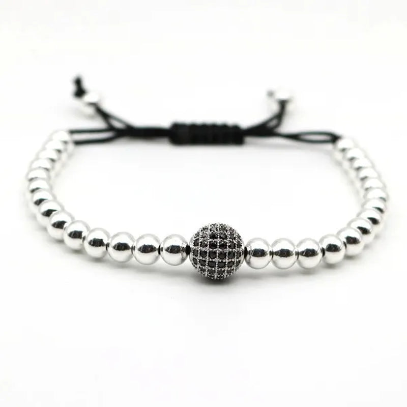 Fashion Gold Plated and Silver Plating Micro Pave CZ Zircon Stone Beads 1 Disco Ball Macrame Men Bracelet